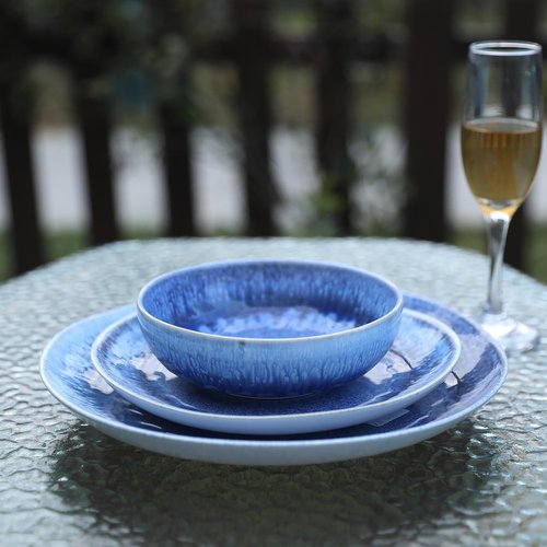 Dafuceramic 12 Pieces Stoneware Dinnerware Set, Modern Reactive glaze Dish Set for 4, Premium Serving Plates and Bowls Sets,Series MOON(SKY BLUE)