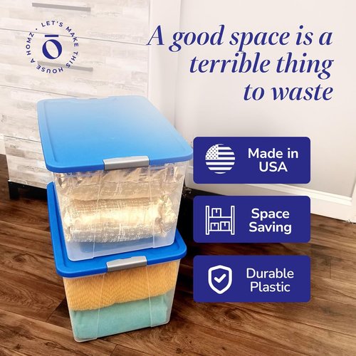 HOMZ 2-Pack Clear Plastic Storage Organizer Bins - 64 Quart Stackable Containers with Blue Lids for Home & Office