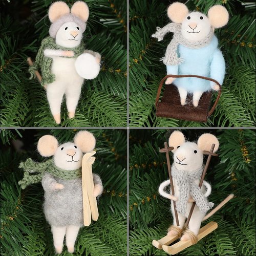 Juegoal Felt Skiing Mice Ornaments - Set of 4 Cute Winter Decor for Christmas Tree & Wreath