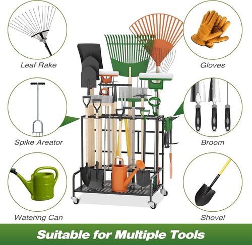 Garden Tool Organizer Rack - Heavy-Duty Steel with Wheels | Holds Up to 39 Tools, 12 Hooks, Black