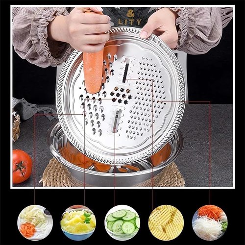 Germany Multifunctional Stainless Steel Basin - 3-in-1 Vegetable Cutter, Grater & Strainer | 10.2" Size