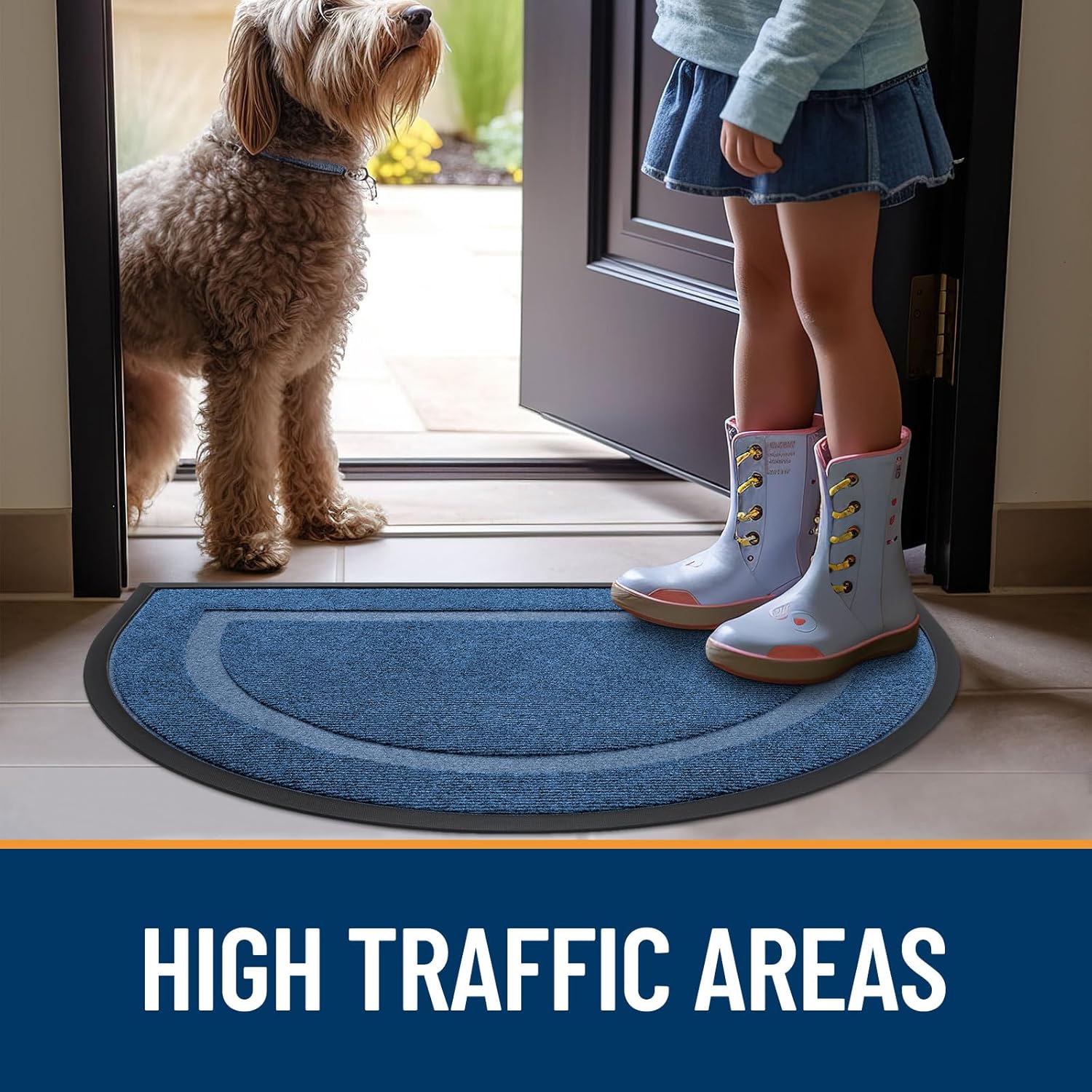 OLANLY Half Circle Door Mat - Waterproof All-Season Indoor/Outdoor Welcome Mat, 47x32, Light Blue