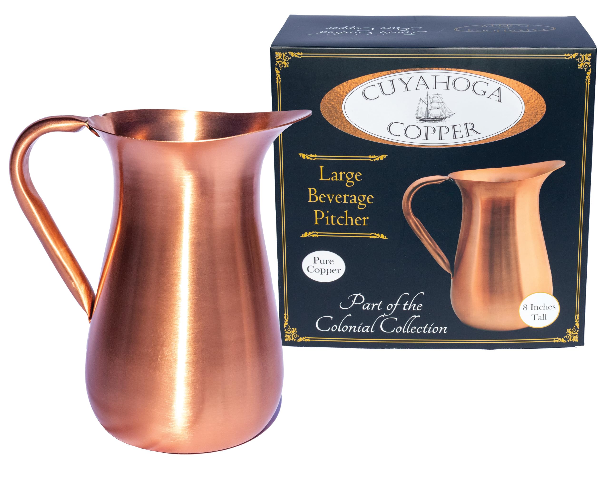 Cuyahoga Copper 100% Pure Copper Beverage Pitcher – 64 oz Luxury Smooth Finish – Beautiful 8” Tall Drinkware – Includes Premium Retail Packaging – Ideal for Home & Entertaining