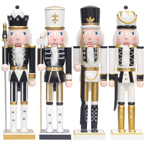 KI Store Black and White Christmas Nutcracker 15-Inch Set of 4 Wooden King and Soldier Nutcracker Figurine Display Set for Christmas Decorations