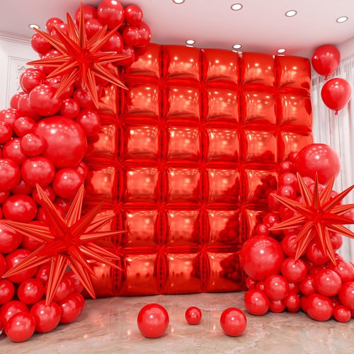 HKYOOD 36pcs Red Square Foil Balloons Wall Backdrop with 79pcs Balloon Garland Arch Kit, Double Sided Balloons for Birthday Bridal Shower Anniversary New Year Valentine's Day Prom Party Decorations