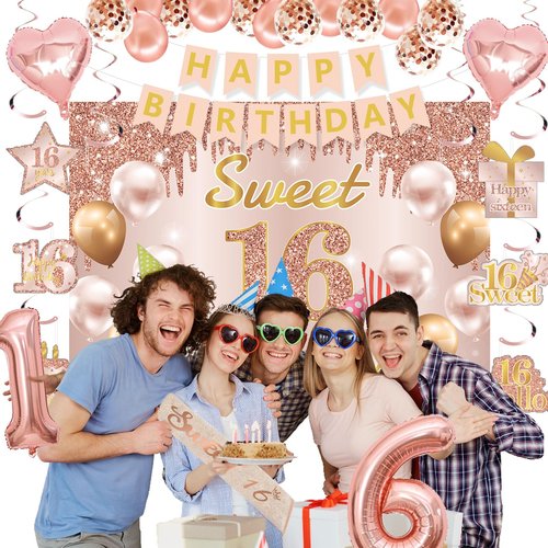 Sweet 16 Party Decorations, Sweet 16th Birthday Crown and Sash Pink Rose Gold Sixteen Cake Topper Banner Backdrop Balloons Hanging Swirls for Girls Happy 16 Years Old Party Supplies