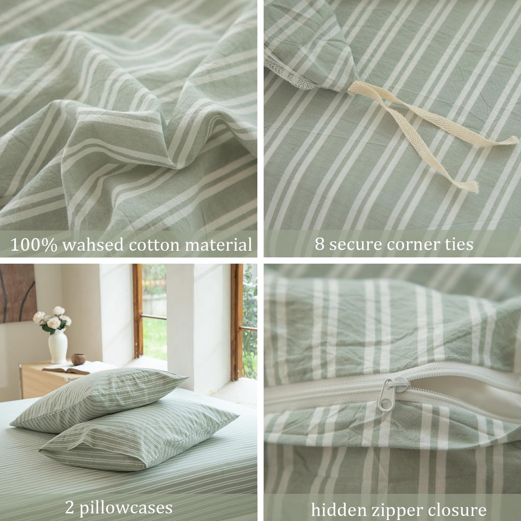 BESTDESIL Sage Green and White Striped Duvet Cover,100% Washed Cotton Breathable and Linen Like Bedding Set(Strip-Sage Green/White,Full)