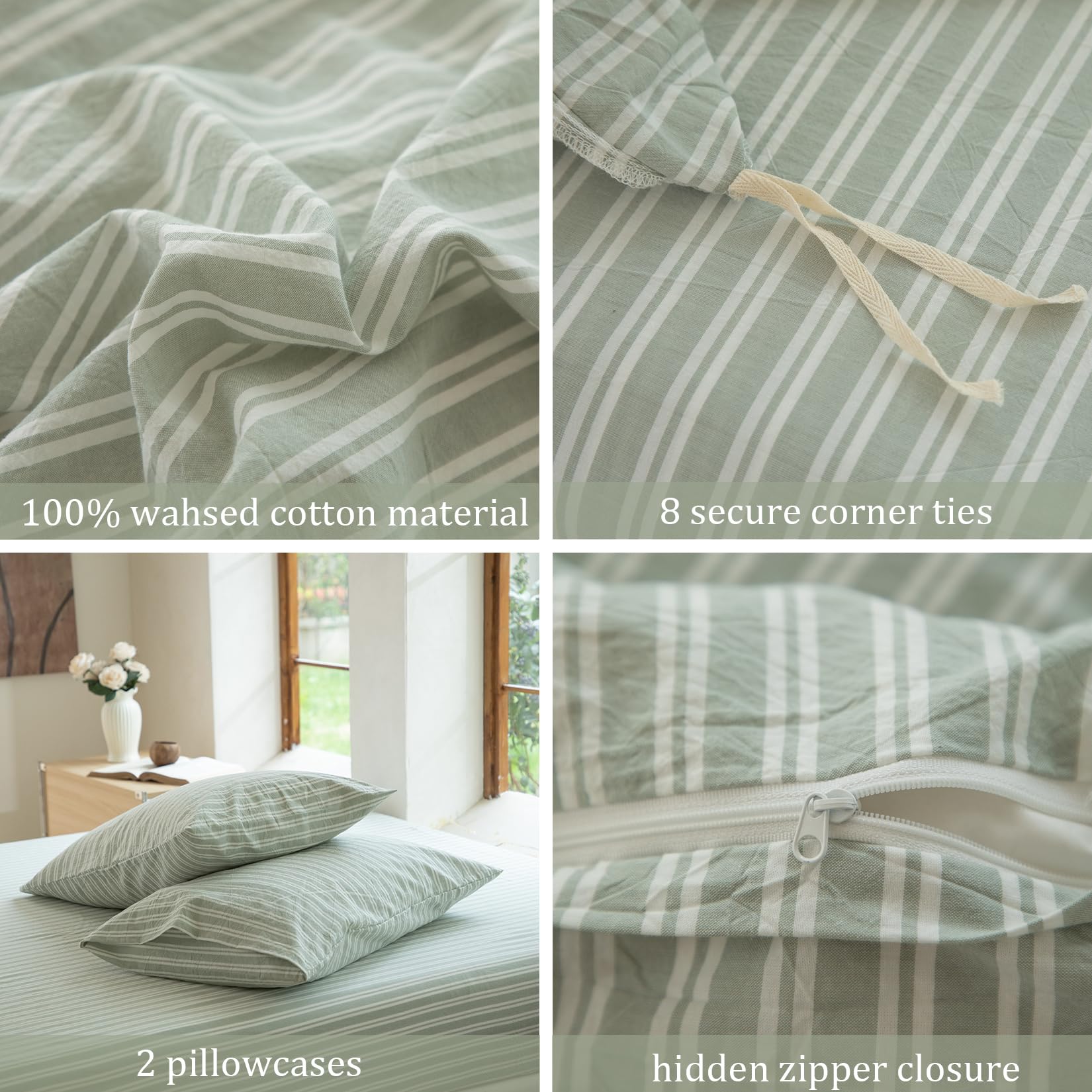 BESTDESIL Sage Green and White Striped Duvet Cover,100% Washed Cotton Breathable and Linen Like Bedding Set(Strip-Sage Green/White,Full)