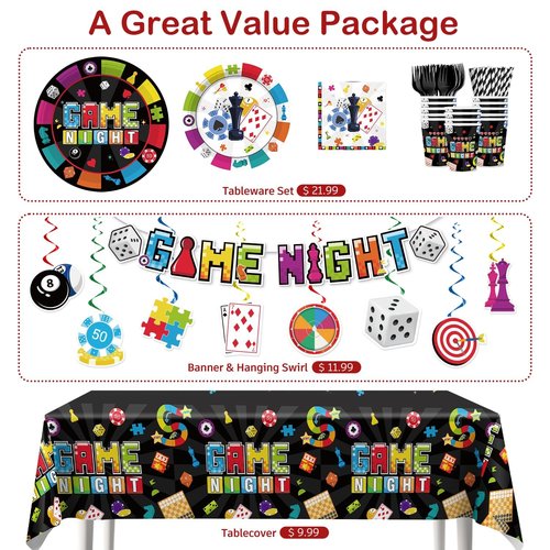 205Pcs Game Night Decorations Tableware, with Cake Toppers, 25 Serves Disposable Tableware Set, with Banner, Plates, Napkins, and Cups, Tablecloth for Family Game Night Party Decorations