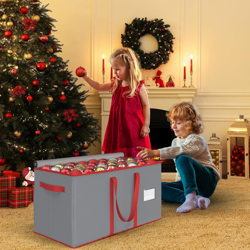 Winpull Christmas Ornament Storage Box - Large Organizer for 128 3-Inch Ornaments | Adjustable Dividers & Dual Zipper (Grey)
