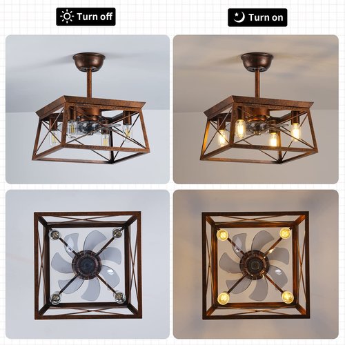 Farmhouse Ceiling Fans with Lights Remote Control Rustic Ceiling fans with Lights Caged Fandelier Flush Mount Ceiling Fan with Light Indoor Outdoor for Gazabo Bedroom Dining Room Living Room