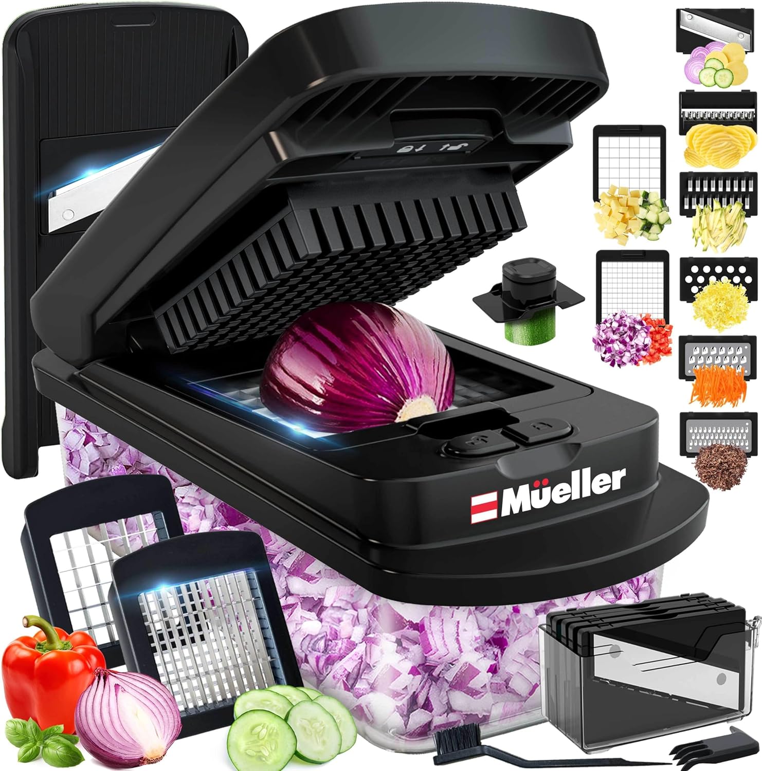 Mueller Pro-Series Vegetable Chopper - 10-in-1 Mandoline Slicer & Onion Mincer | Kitchen Essential in Black