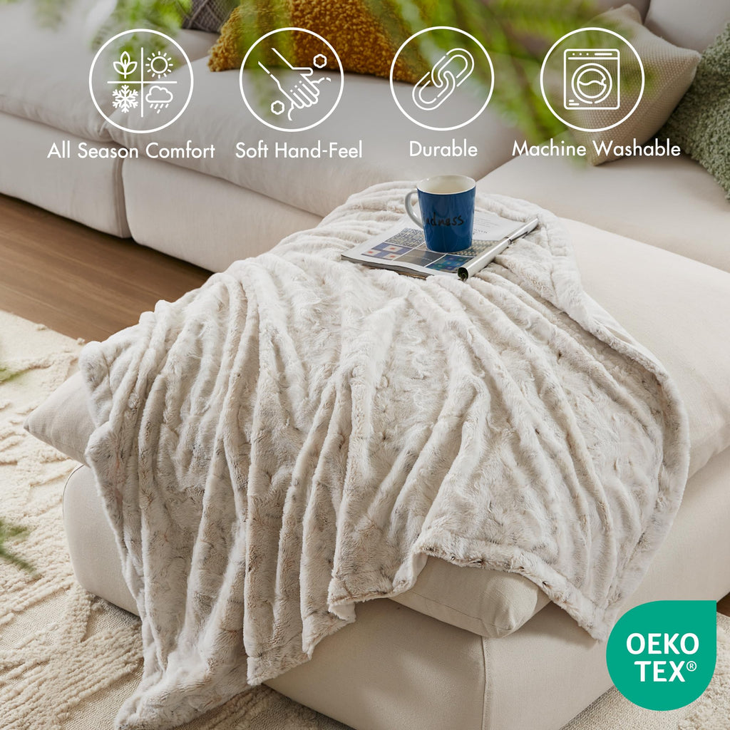 Madison Park Zuri Soft Plush Luxury Oversized Faux Fur Throw Animal Stripes Design, Faux Mink On The Reverse, Modern All Seasons Blanket for Bed, Sofa Couch, Office, Snow Leopard, 60x70