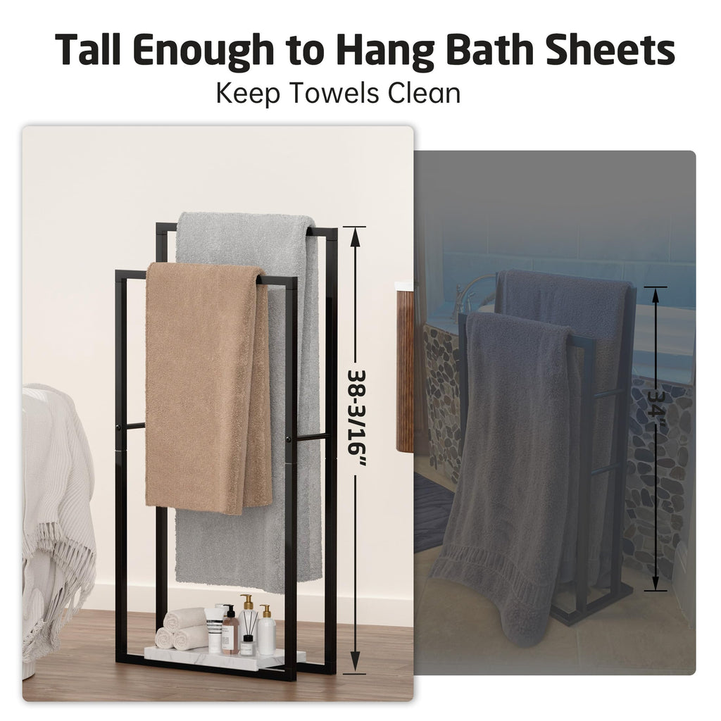 KES Standing Towel Racks for Bathroom with Heavy Marble Base, 38" H Towel Rack Stand for Bathroom 2-Tier, Blanket Rack for Bathroom Floor, Matte Black, BTH501-BK