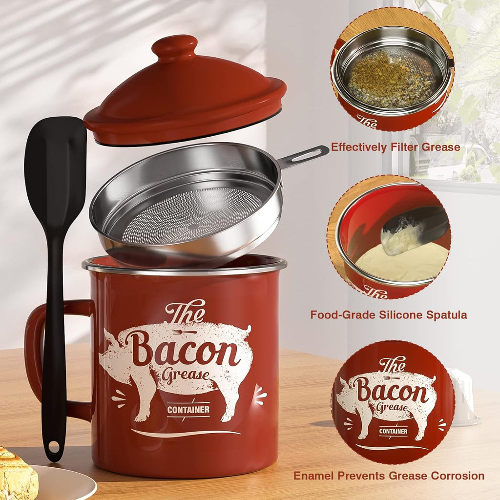 Skiennix Black Meat Chopper - 46oz Red Bacon Grease Container for Easy Cooking Cleanup