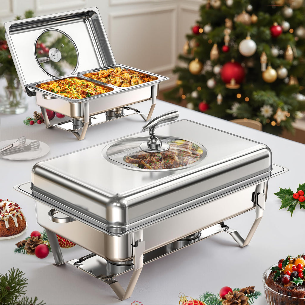 WARMOUNTS Rectangular Chafing Dishes for Buffet with Glass Lid (9QT, 2 Pack), Large Chafers and Buffet Warmers Set w/Mirror-Polished Stainless Steel, Rolled Rim, Lid Holder, Foldable Frame for Party