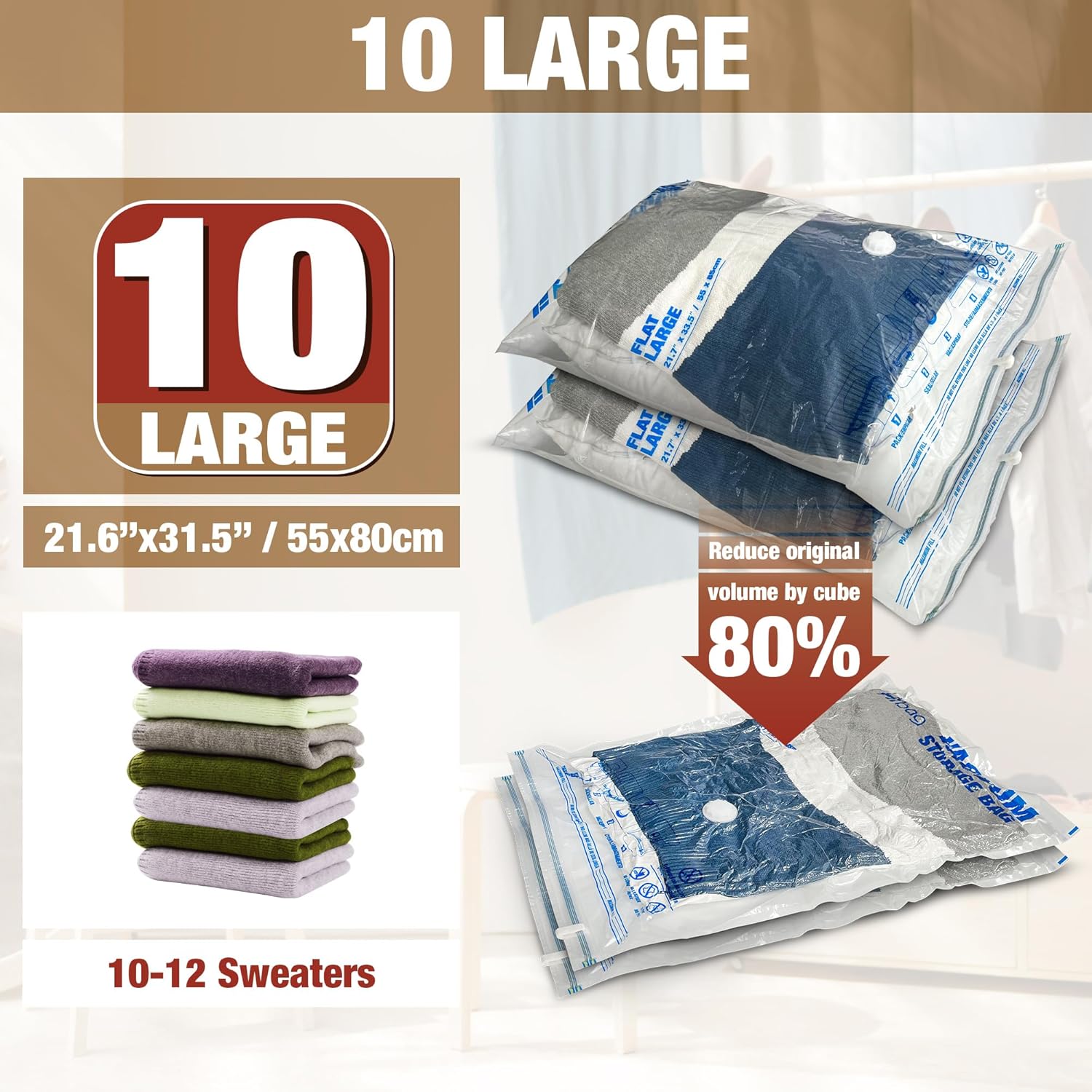 Skiennix Vacuum Storage Bags - 10 Large Space Saver Seal Bags for Clothes & Bedding (10L)