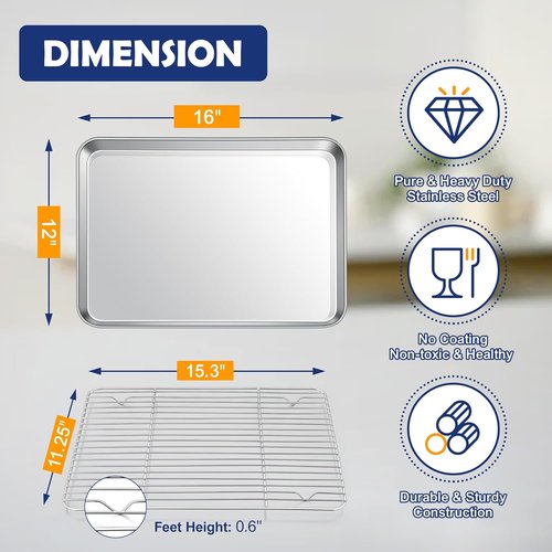 Joyfair Stainless Steel Baking Sheet Pan Set - 16 Inch Tray with Cooling Rack | Rust-Free & Dishwasher Safe