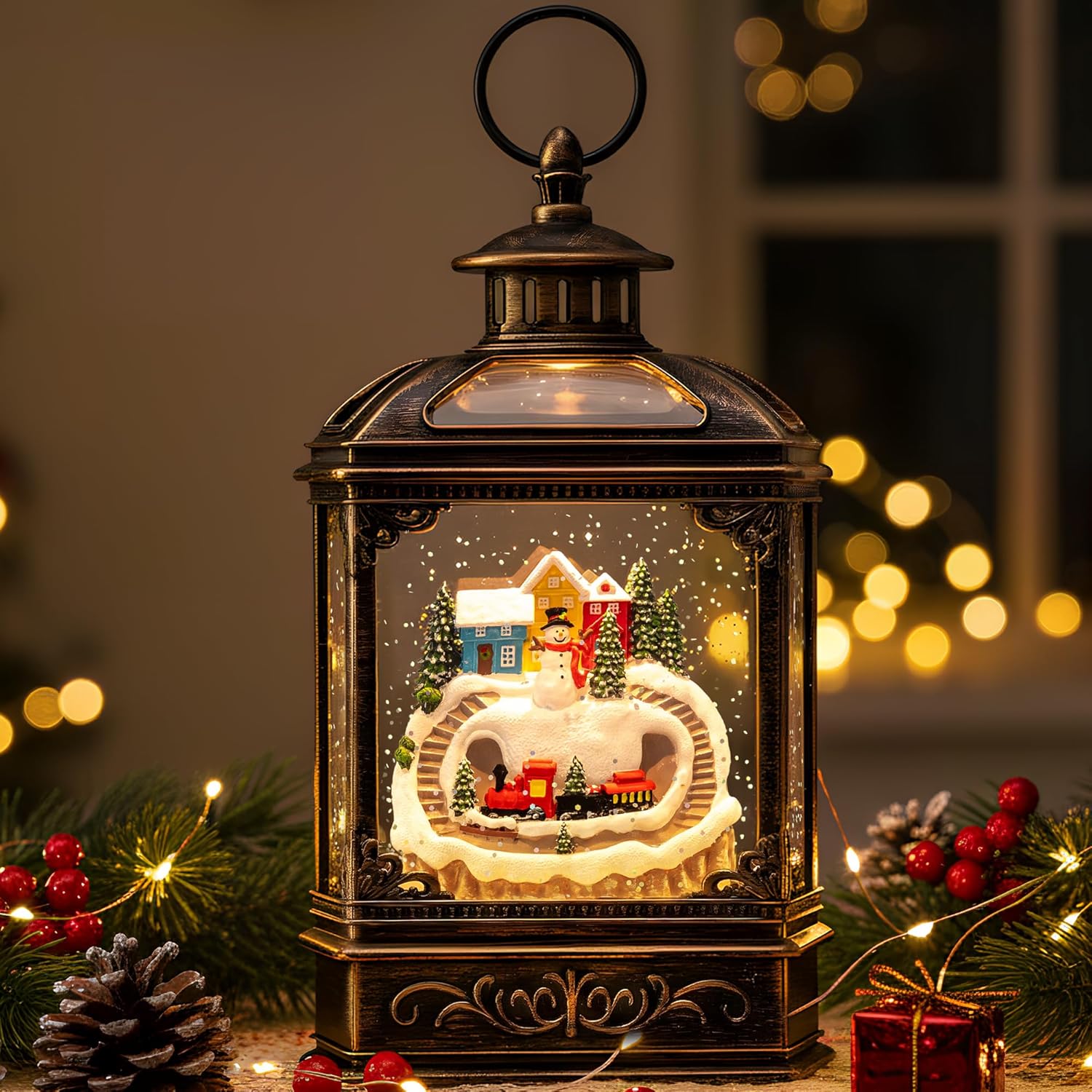 VISFLAIR Christmas Village Snow Globe Lantern - Musical Lighted Snowman & Train | Battery Operated or USB Powered