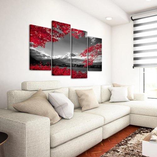 Fochorlo Canvas Wall Art Set - Large 4-Piece Japan Fuji Mountain Prints with Maple Leaves | Modern Red Decor for Bedroom & Office