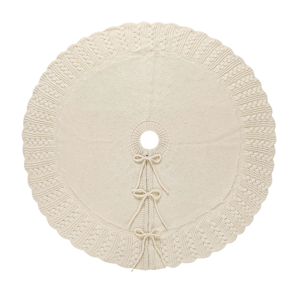 Aeranto Ivory Knitted Christmas Tree Skirt, Cozy Cable Knit Design with Scalloped Edge and Ties, Rustic Farmhouse Holiday Décor for Christmas Tree Base(Ivory, 36")