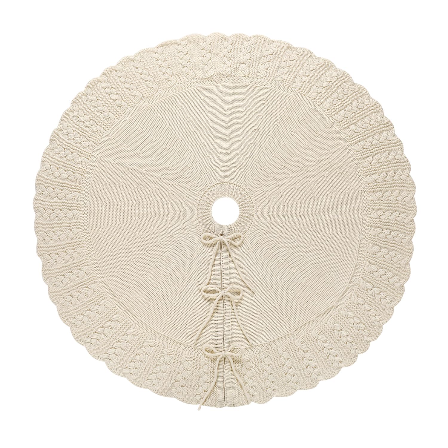 Aeranto Ivory Knitted Christmas Tree Skirt, Cozy Cable Knit Design with Scalloped Edge and Ties, Rustic Farmhouse Holiday Décor for Christmas Tree Base(Ivory, 36")