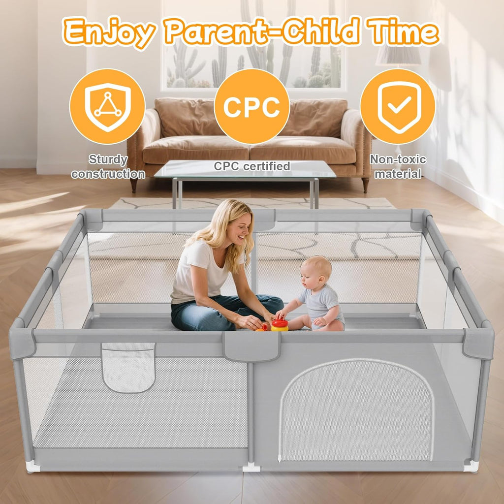 Skiennix Large Baby Playpen - Breathable Mesh Safety Activity Center for Indoor & Outdoor Use, Grey 74"x50"