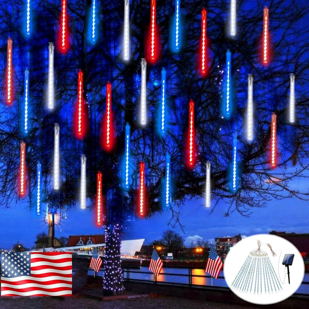 Skiennix 4th of July Outdoor Decorations - 250th Anniversary Solar Meteor Shower Lights | 18 Tubes, 432 LEDs, Waterproof