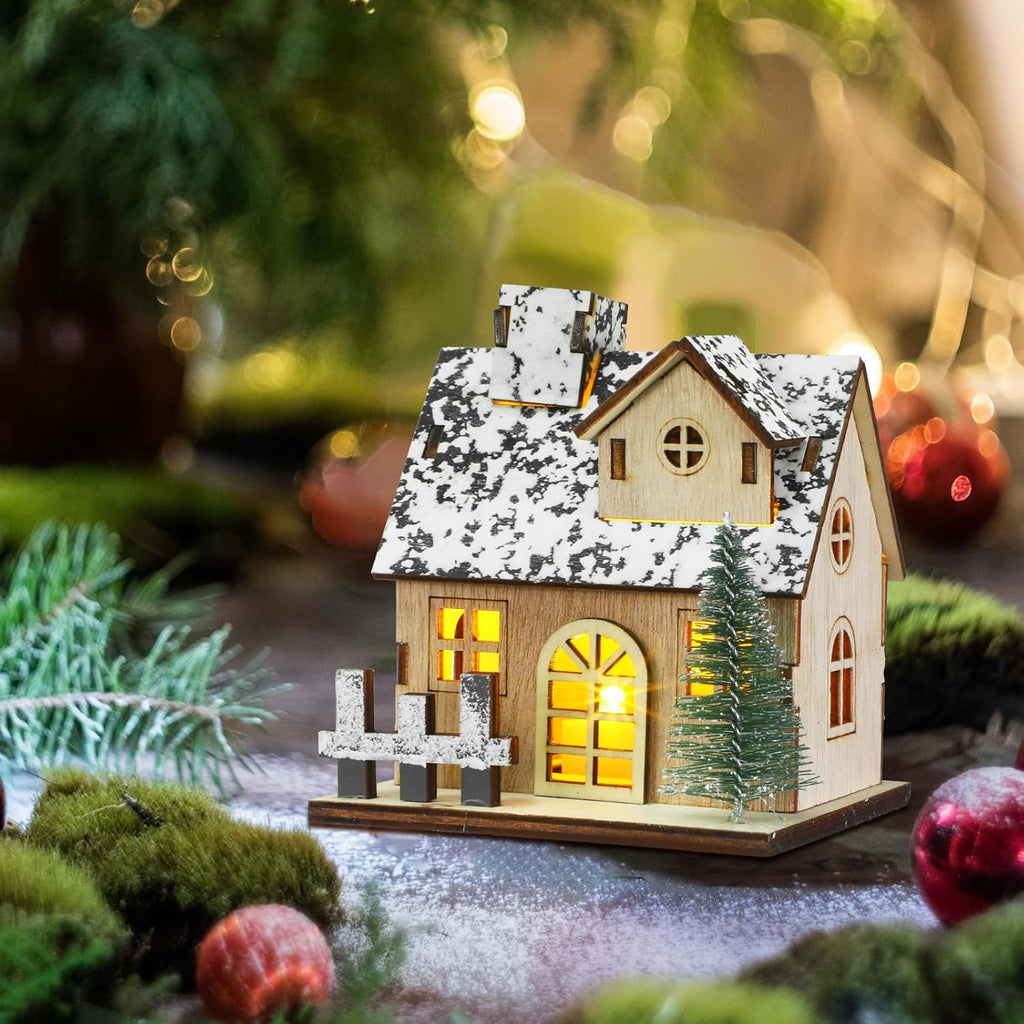 Toyvian Christmas Village Houses Set - 3 Pcs Wooden LED Lighted Ornaments for Table Decor (Brown)