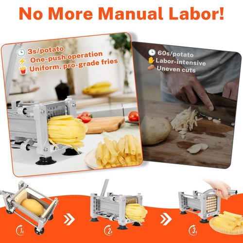 FSUON French Fry Cutter for Potatoes, Stainless Steel Potato Cutter for Fries with 1/2", 3/8", 1/4" Replaceable Blades, Glove, and Brush