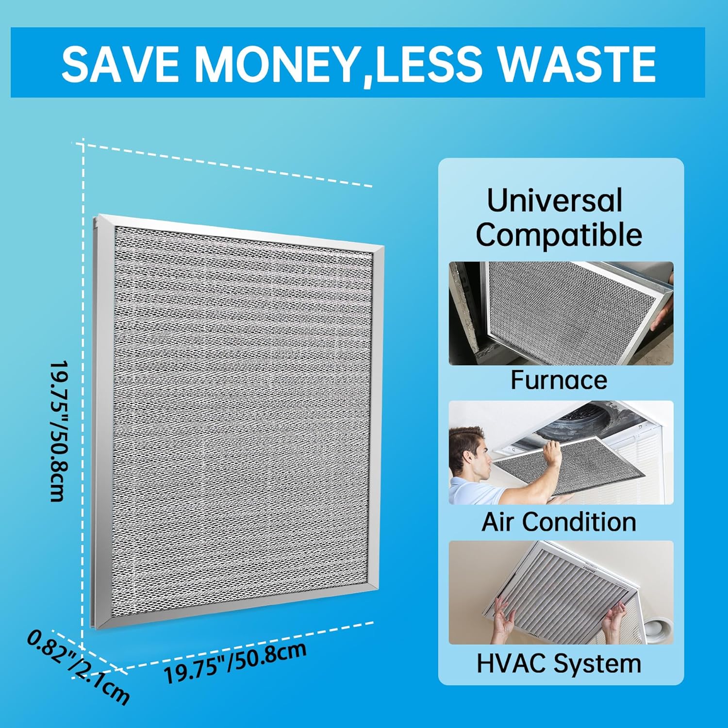 UBeesize Reusable Air Filter - Washable MERV 8 Electrostatic Design - 19.75x19.75x0.82 Inch for HVAC Systems