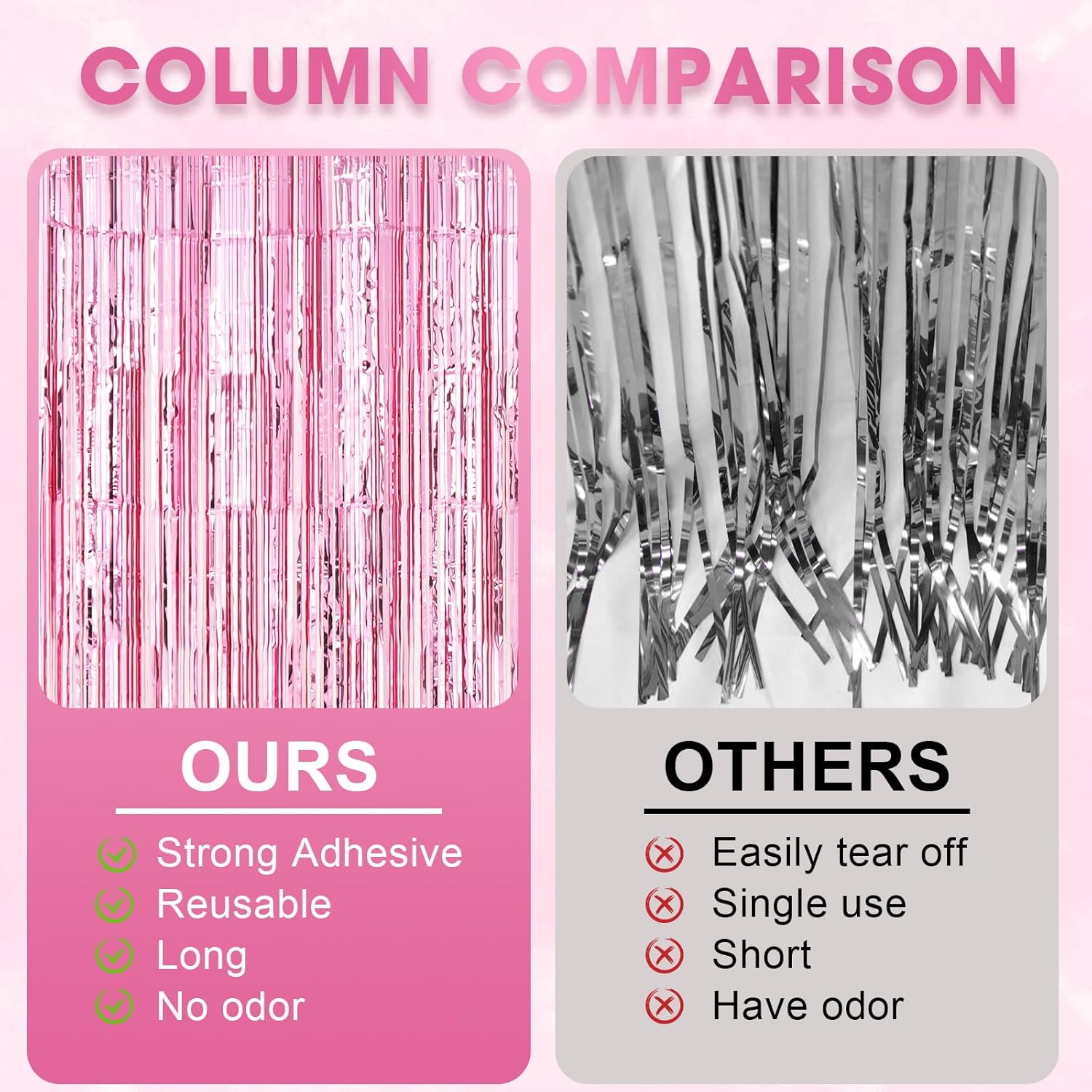Voircoloria Light Pink Foil Fringe Backdrop Curtains - 3 Pack Tinsel Streamers for Parties & Events