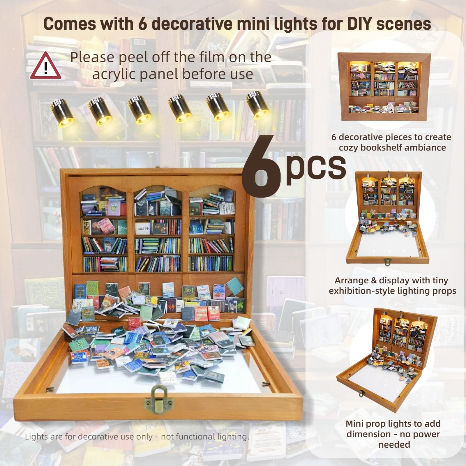 Anxiety Bookshelf with 6 Decorative Mini Lights and 400 Mini Book Pieces, Miniature Bookshelf, Book Organizer for Office Desk, Library Decor for Tiny Home and Bookish Spaces, 10.2 x 9.1 x 3.1 in