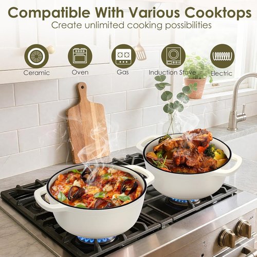 AIVIKI Enameled Cast Iron Dutch Oven - 5QT Heavy-Duty Pot for Baking & Braising | Oven Safe to 500°F, Cream White