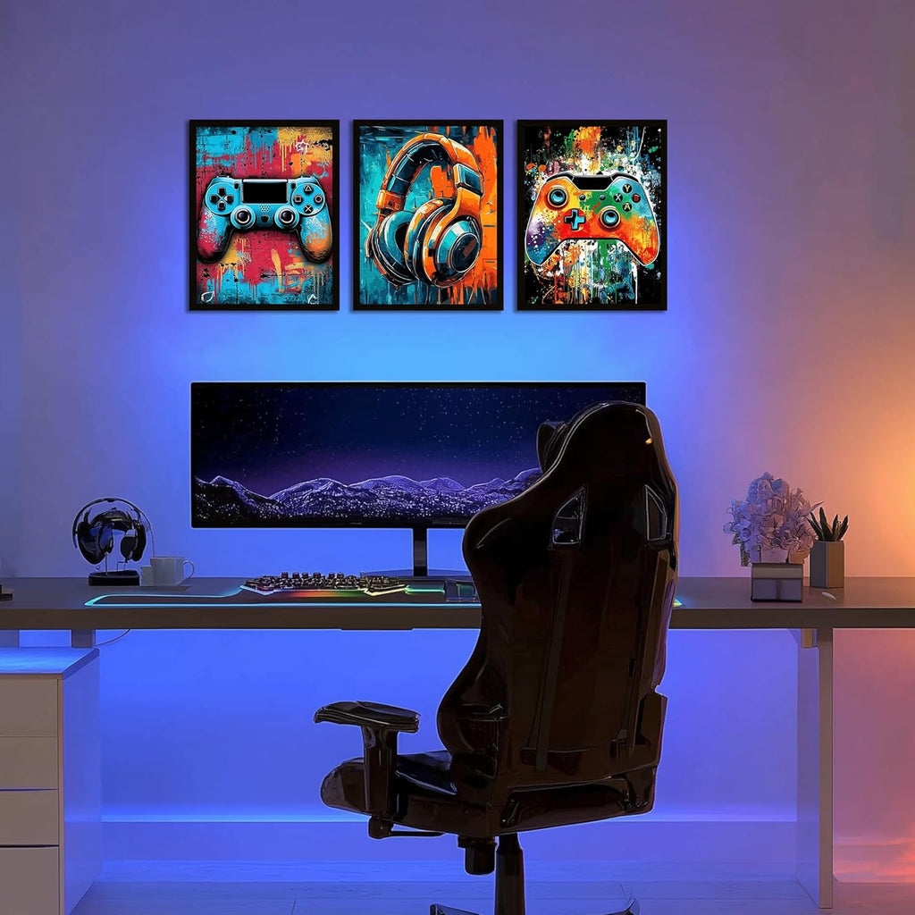 Skiennix Gaming Wall Art - Neon Watercolor Graffiti Gamepad Prints | 8x10 in, Set of 3 for Teen Boys