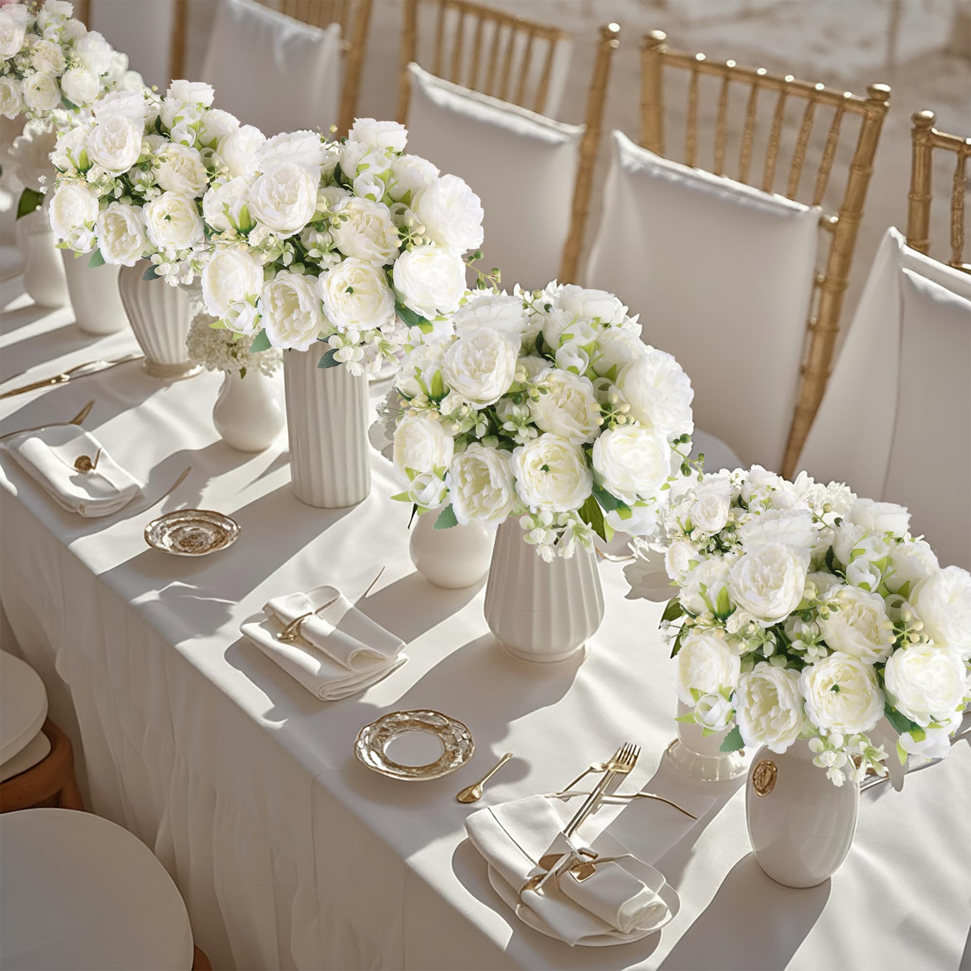 SugarHuLu 12 Bundles Peonies Artificial White Flowers Bouquet, Lifelike Silk Fake Peonies with Stems for Home Table Centerpieces, Wedding, Party & DIY Bridal Floral Arrangements (White)