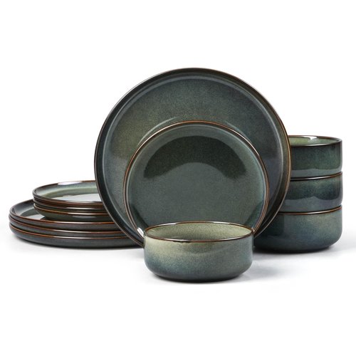 E-far Dinnerware Sets for 4, 12-Piece Stoneware Plates and Bowls Set, Ceramic Dishes Reactive Glaze Dinning Ware, Microwave & Dishwasher Safe - Obsidian Green