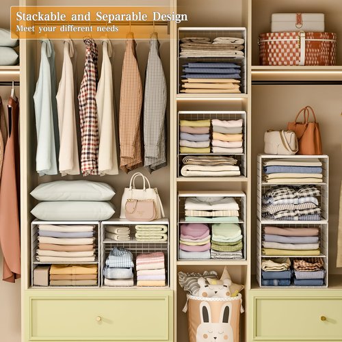 Huxitocan 4-Tier Stackable Closet Organizers and Storage Shelves, Closet Storage Basket with Wood Tops, Adjustable Height Dividers Closet Storage Bins for Home Closet Organizer System, White