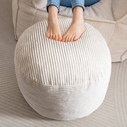 HIGOGOGO Round Stuffed Pouf Ottoman, Corduroy Poufs with Foam Chunk Filling, Furry and Fluffy Pouf Foot Stool Storage Ottoman, 20 X 15 Floor Poufs Foot Rest for Living Room, Beige
