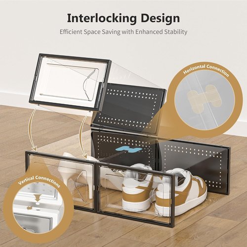 Kuject Shoe Storage Box - Large Crystal Clear Stackable Organizer | Space-Saving 12-Pack Black