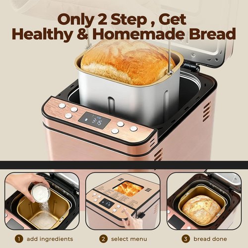 Rosewill 25-in-1 Automatic Bread Maker Machine with 3 Loaf Size up to 2 Lb, 700W High Power Dual Heater Bread Maker with BPA-free Nonstick Coating Pan, Max 15 Hours Delay Timer, Low Noise - Cinnamon