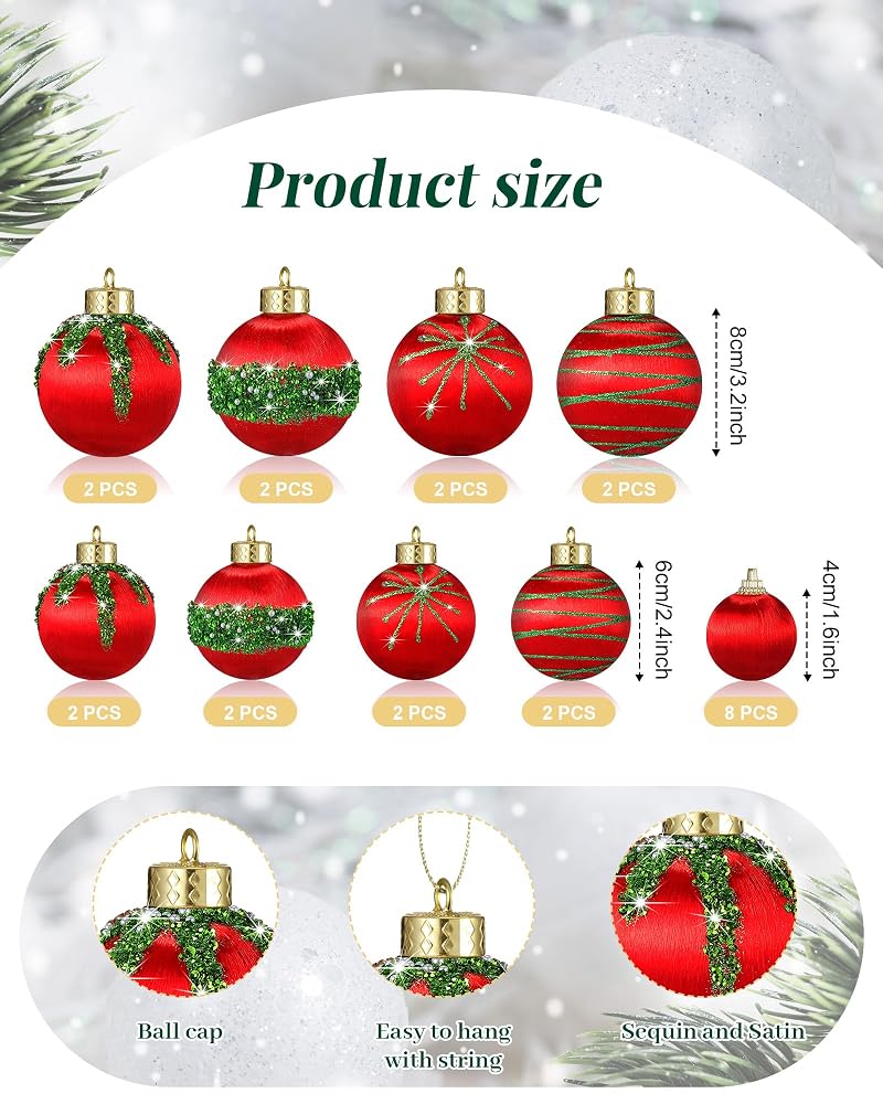 Poen 24-Piece Red & Green Christmas Ornaments Set - Satin Silk Finish, 3 Sizes (1.6/2.4/3.2 in) - Includes Hanging Ropes