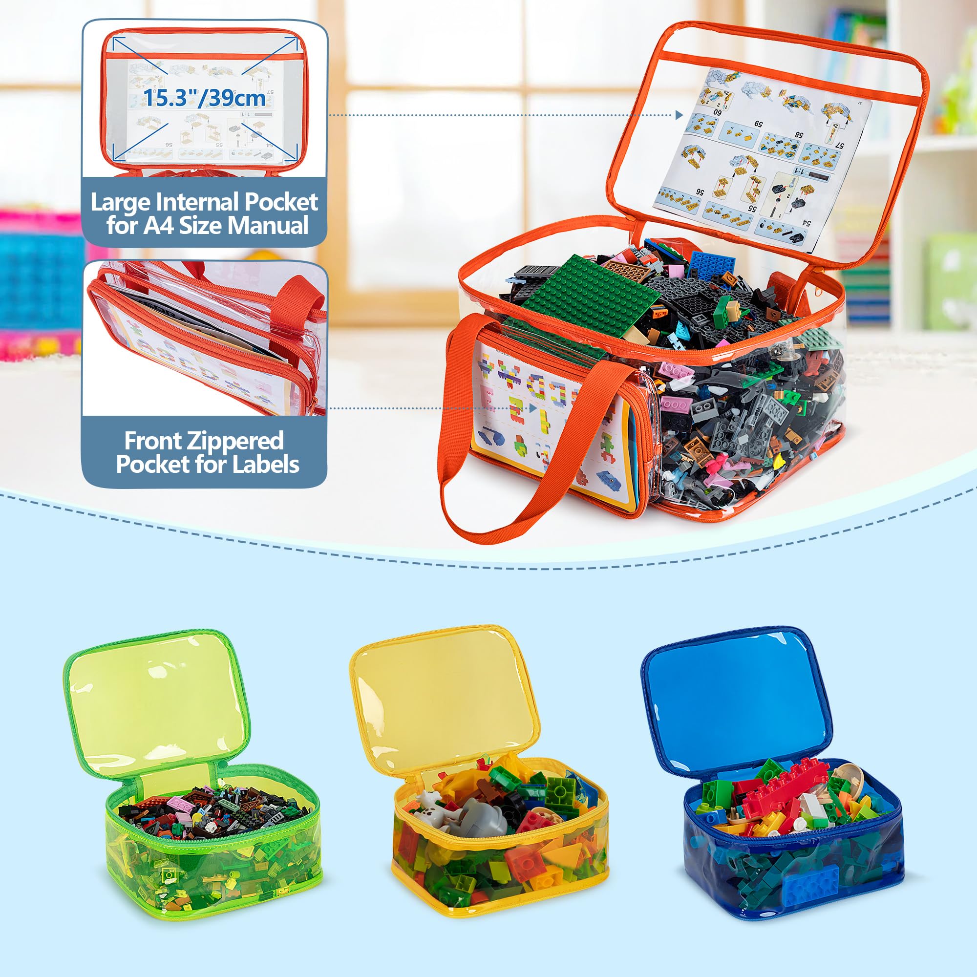 Rexmica 4 Packs Toy Storage Bag for Building Bricks, Waterproof Clear Toy Organizer Case for Magnetic Tiles, Board Games, Puzzles, Building Blocks Travel Carrying Bag