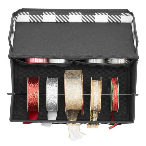 mDesign Gift-Wrapping Ribbon Storage Box w/Handles - Holiday Bow Organizer Container w/Lid & Christmas Ribbon Holder - Gift Storage Tote Bin and Bow Station - 11.4x5.9x4.7 -Buffalo Plaid Black/White