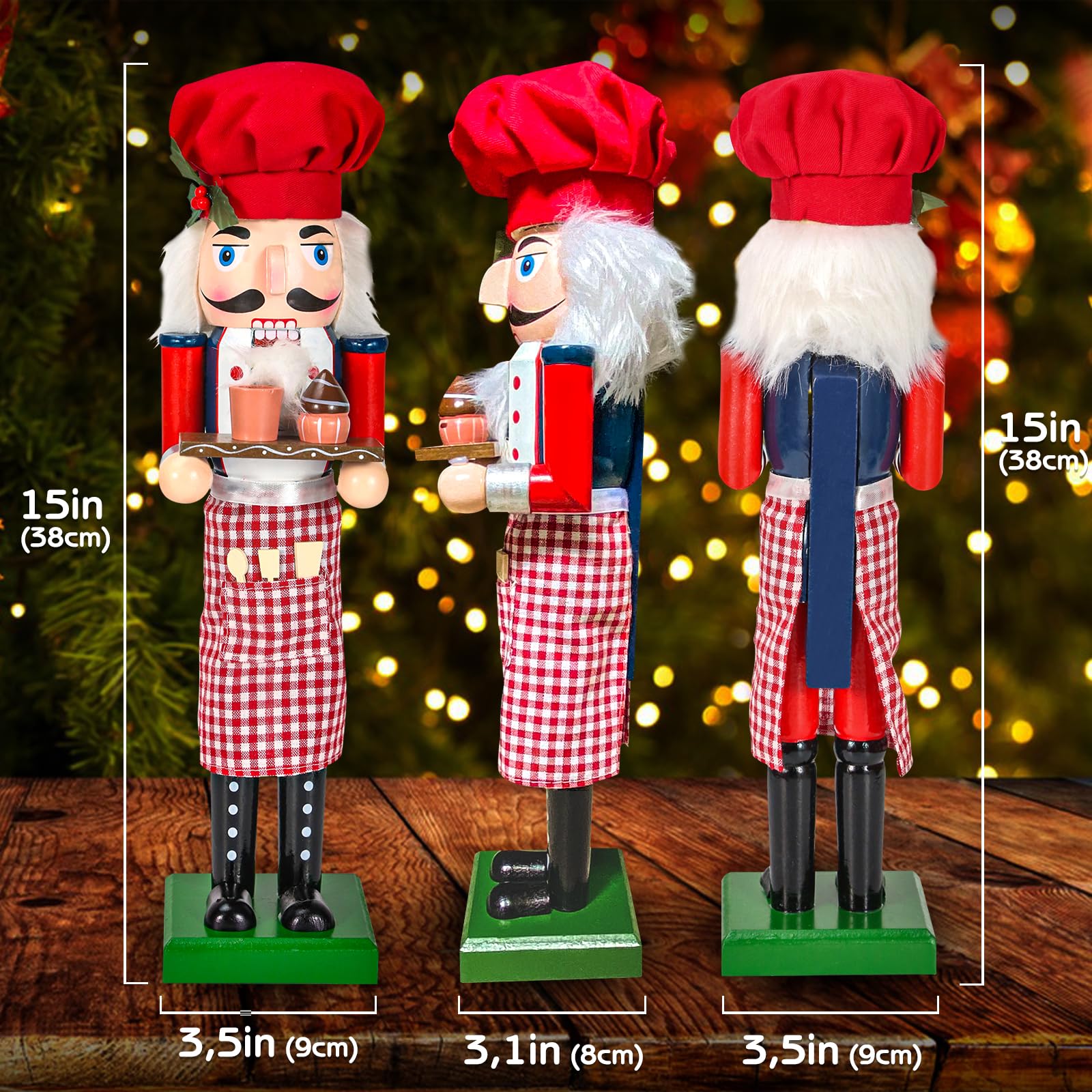 WODICY Christmas Nutcracker Décor Figures, 15 inches Chef Wooden Nutcracker Ornaments with Cup Cake and Chef hat for Kitchen Shelves Tabletop Festival Decorations Gift