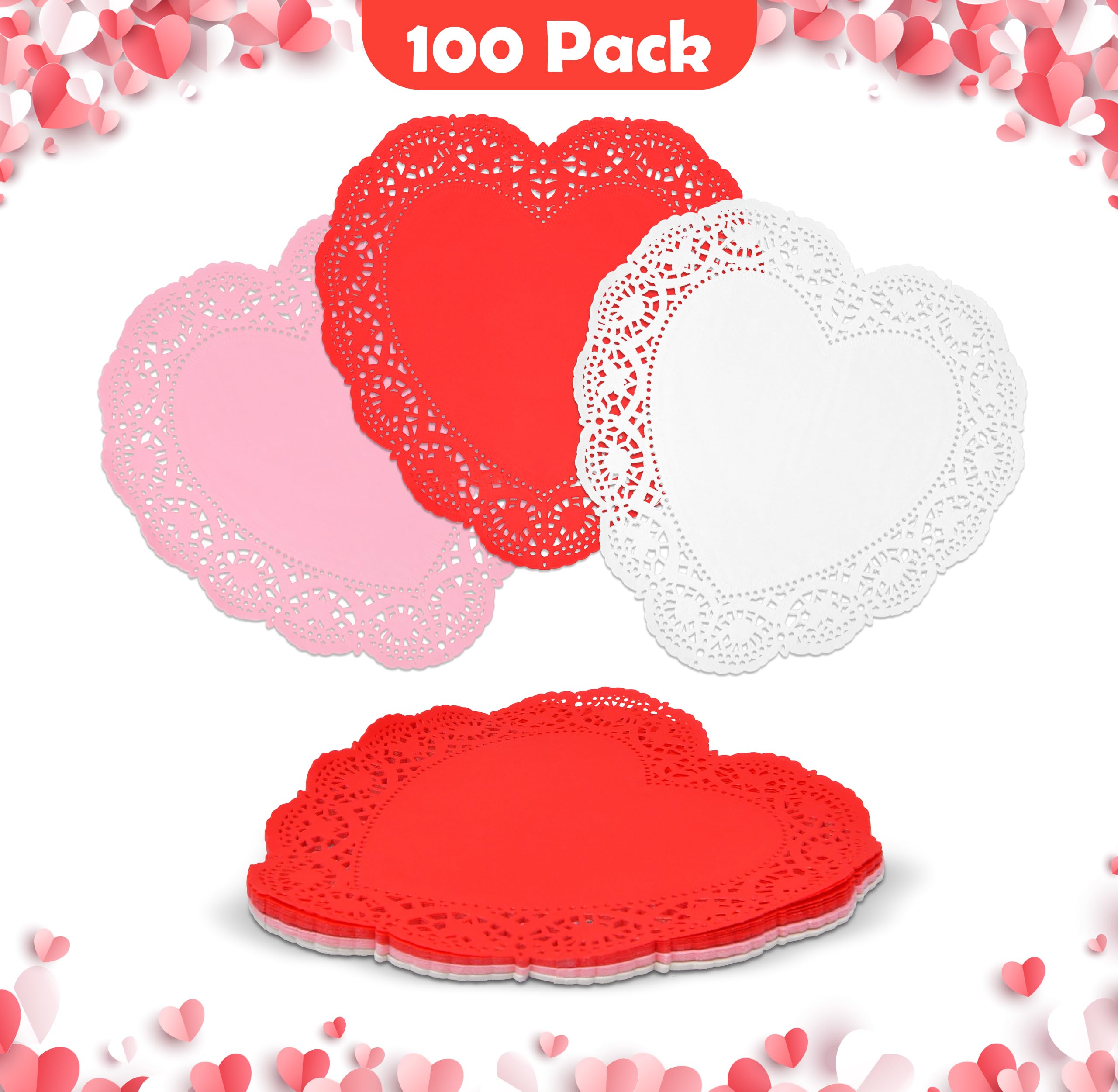 100 Pcs 12 Inch Valentine Heart Doilies Cutouts Paper Lace Doily Red Craft Gift Set for Table Party Decorations