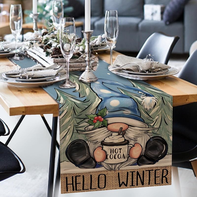 Winter Blue Gnome Table Runner 13" x 90" – Pine Tree Snowflake Hot Cocoa – Variation: Winter Blue Gnome+Table Runner