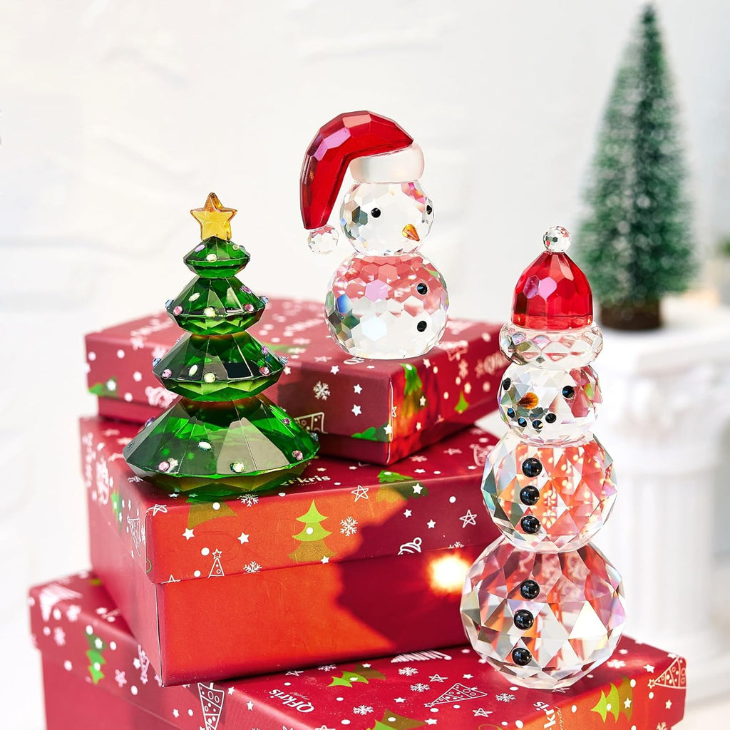 QFkris Crystal Snowman & Tree Figurines Set - Elegant Christmas Decor | Small Glass Paperweights