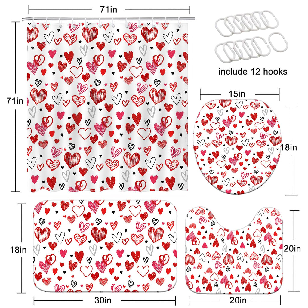 Mocsicka Valentines Shower Curtain Set for Bathroom, 4Pcs Doodle Style Red Heart Valentine Bathroom Sets with Non Slip Rugs, Toilet Lid Cover, Bath Mat, Shower Curtain, Bathroom Decor with 12 Hooks
