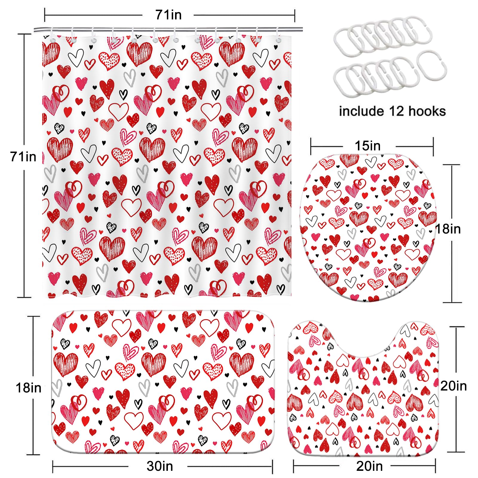 Mocsicka Valentines Shower Curtain Set for Bathroom, 4Pcs Doodle Style Red Heart Valentine Bathroom Sets with Non Slip Rugs, Toilet Lid Cover, Bath Mat, Shower Curtain, Bathroom Decor with 12 Hooks